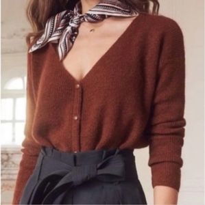 Sezane Rust Brown V-Neck Button Sweater